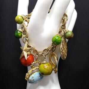 Vintage 1960s Gold Tone Charm Bracelet Lucite Beads Coins Star Snake 7 Inch